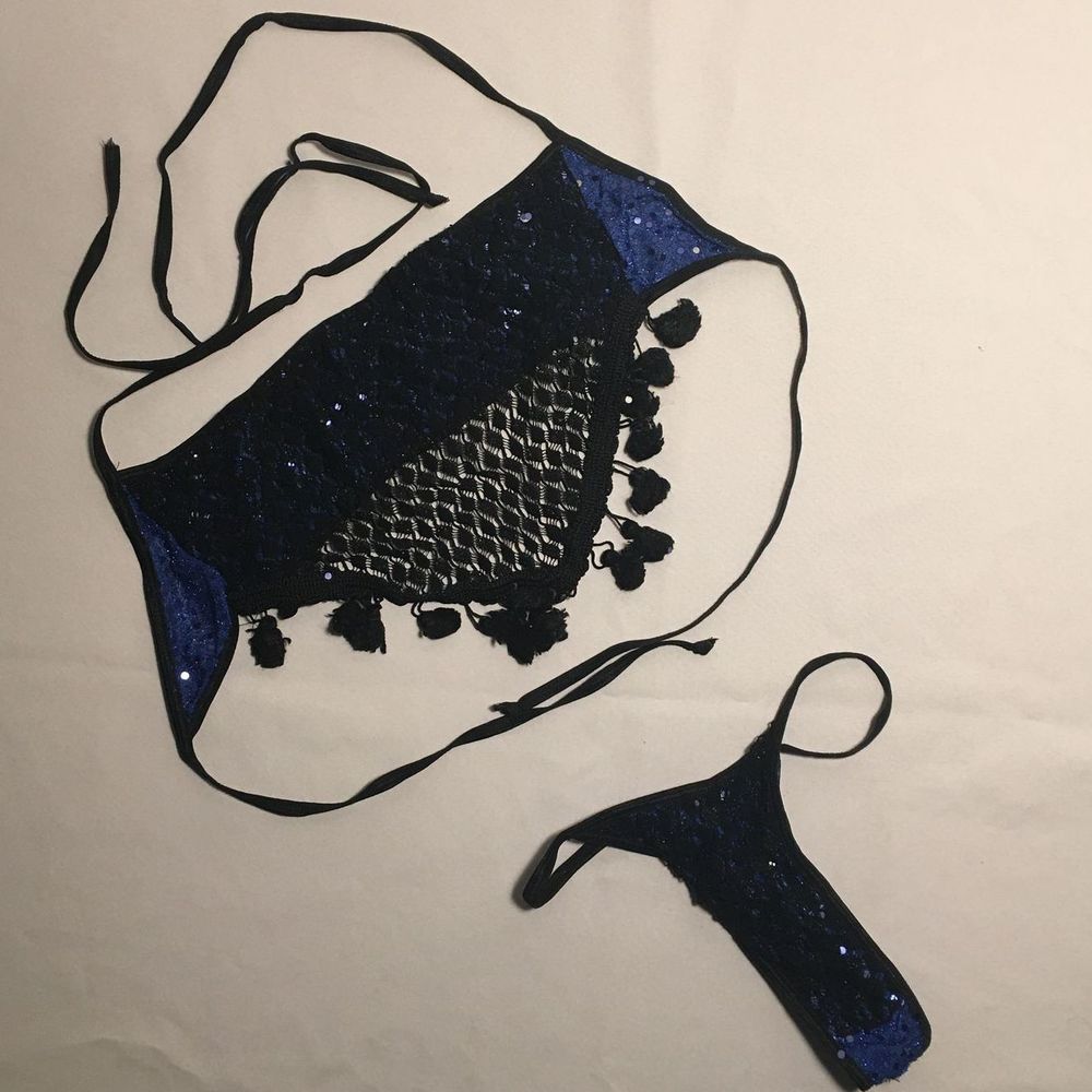 Blue Black Sparkly Crochet Tassel Lingerie Sm Med